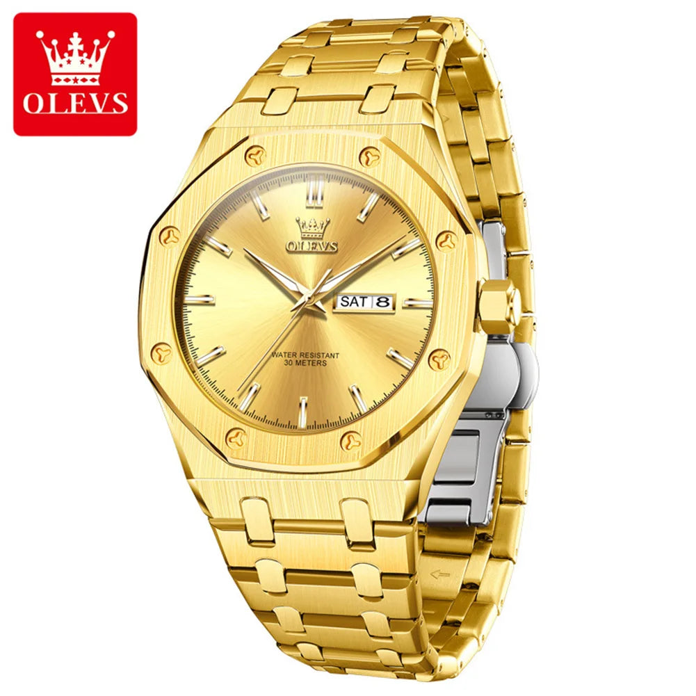 OLEVS Watches For Men Stainless Steel Strap Waterproof Luminous Dual Calendar Business Wristwatch Original Quartz Man Watch 3726