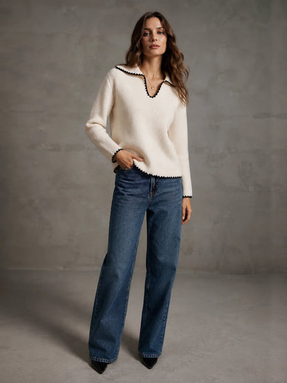 Contrast Trim Peter Pan Collar Sweater for Women, Long Sleeve V‑Neck Loose Fit Knit Pullover Top for Casual Daily Office Fall Winter Wear