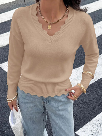 Lightweight Knit Sweaters Top For Women Daily Wear Scallop Edges V Neck Pullover Tops Autumn And Winter Long Sleeved