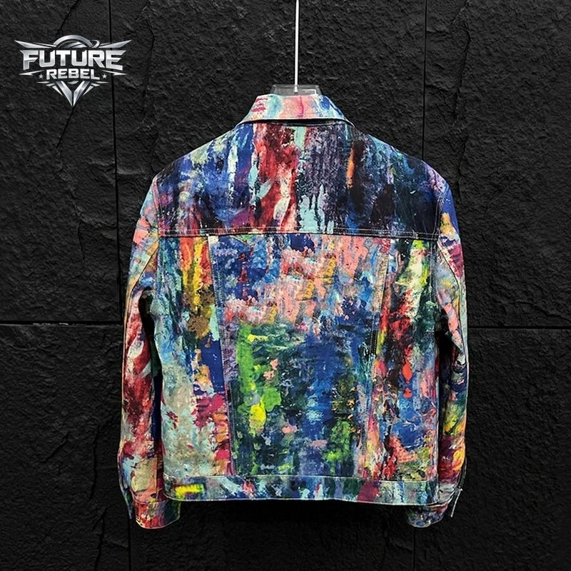 Y2K Graffiti Painting Printed Denim Jacket Men Streetwear Casual Loose Fashion Hip Hop Colorful Gothic Jacket Harajuku Unisex