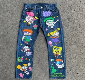 Y2K American cartoon pattern printed high street retro women's high waist fashionable straight loose jeans casual wide-leg jeans