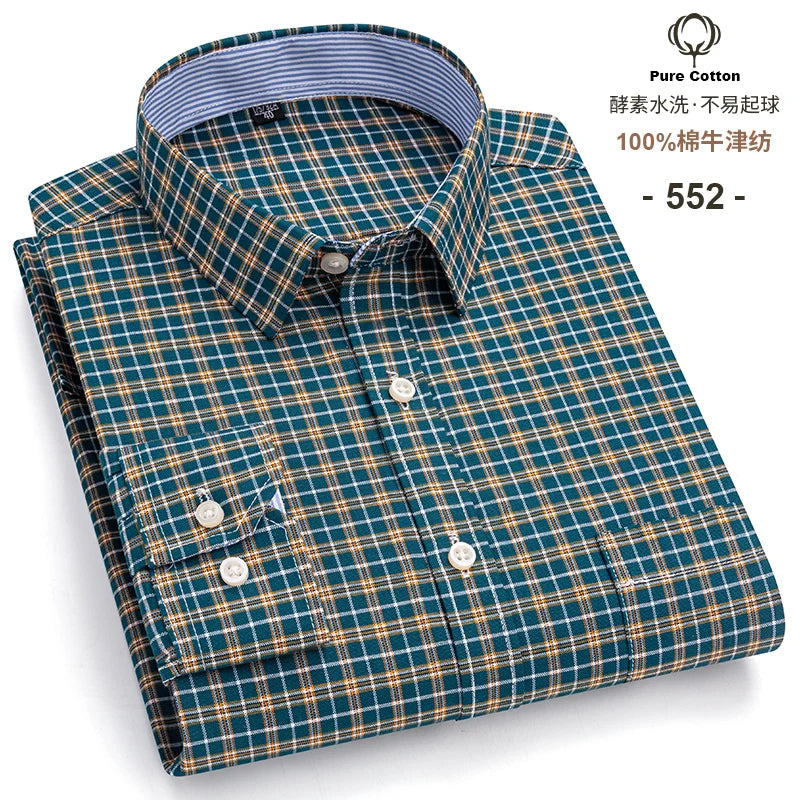 Men's Social Shirts Long Sleeve 100%Pure Cotton Oxford Buttoned Plaid Formal Male Casual Clothes Oversized Shirt Plus Size S-7XL