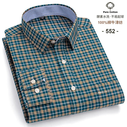 Men's Social Shirts Long Sleeve 100%Pure Cotton Oxford Buttoned Plaid Formal Male Casual Clothes Oversized Shirt Plus Size S-7XL