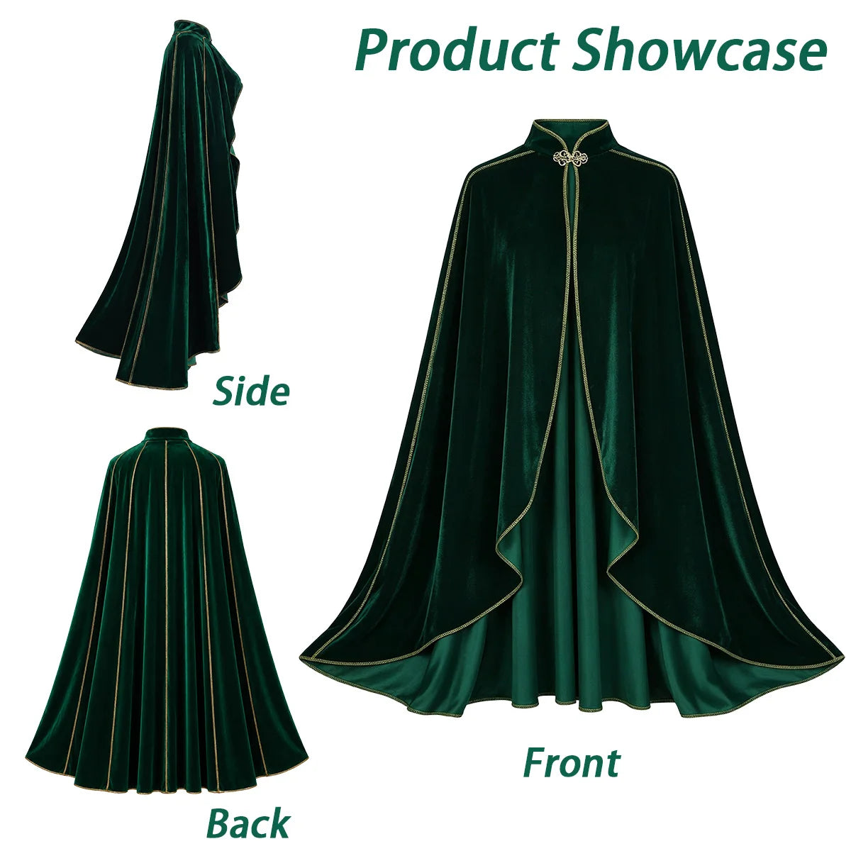 Women Medieval Cloak Adult Renaissance Victorian Deluxe Stand Collar Velvet Gold Trim Cape Halloween Cosplay