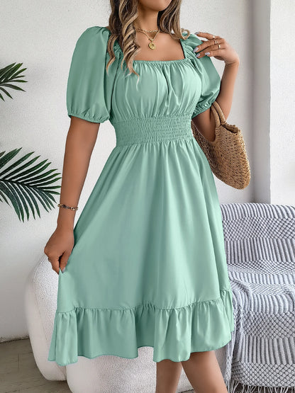Spring Summer Elegant High Waisted Dress Square Neck Short Sleeved Ruffled Edge Long Dresses 2026 Valentine's Day Woman Clothing