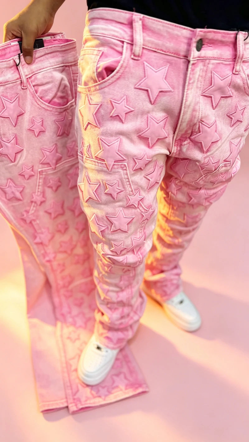 Y2K New Fashion Pink Pattern Patch Loose Jeans Women Gothic Harajuku Hip Hop Casual Joker Wide Leg Denim Trousers