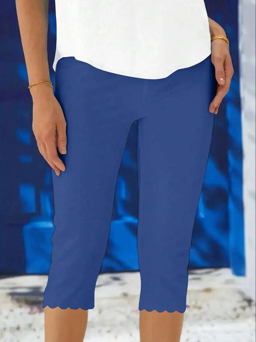 Women's Casual Elastic Capri Leggings, Solid Color Knit Polyester with Asymmetric Hem and Stretchy Waist,