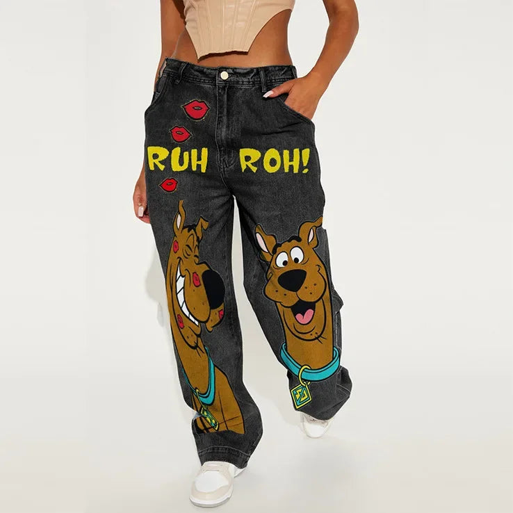 Y2k American Retro Fashion Women High Waist Cartoon Printed Jeans High Street Design Slim Casual Straight Wide-Leg Jeans