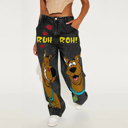 Y2k American Retro Fashion Women High Waist Cartoon Printed Jeans High Street Design Slim Casual Straight Wide-Leg Jeans