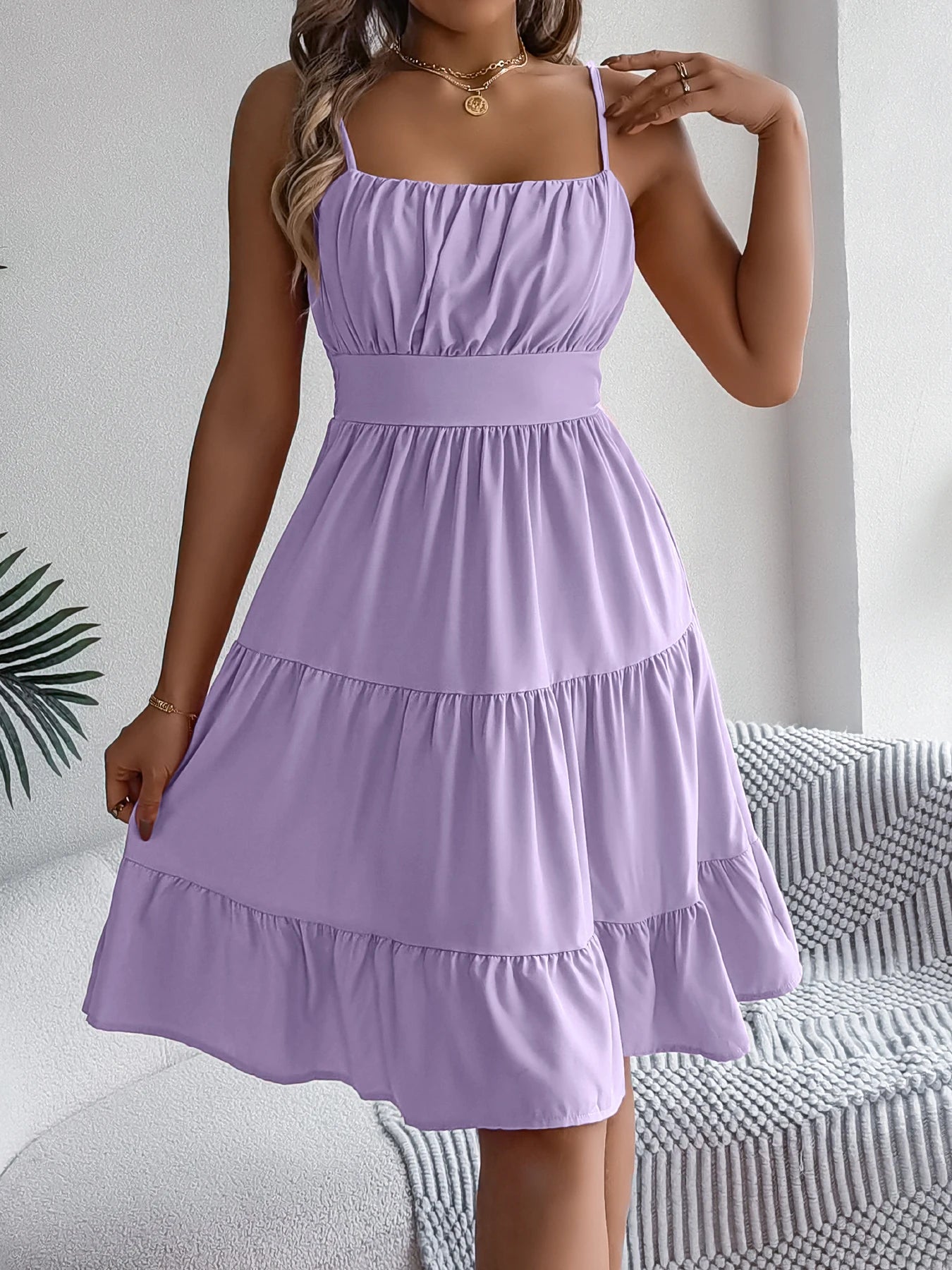 Casual Vacation Ruffled Camisole Dress Spring Summer Women's Solid Dresses for 2026 Valentine's Day Woman Clothing Pink Blue