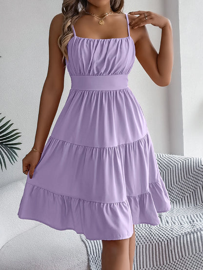 Casual Vacation Ruffled Camisole Dress Spring Summer Women's Solid Dresses for 2026 Valentine's Day Woman Clothing Pink Blue