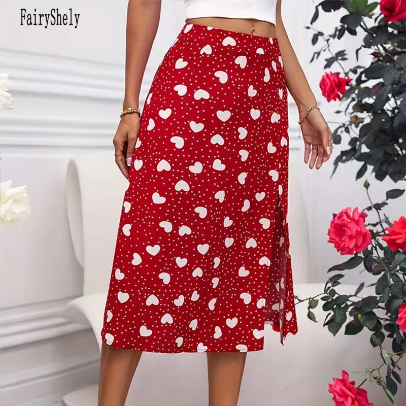 Fairyshely Casual Red Heart Print Long Skirt For Women 2026 Summer Split High Waist Midi Skirt Lady Elegant A line Loose Skirt