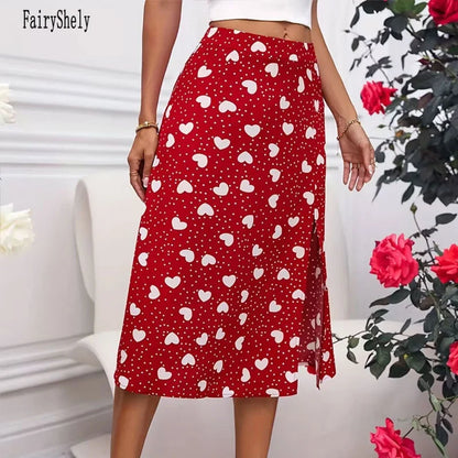 Fairyshely Casual Red Heart Print Long Skirt For Women 2026 Summer Split High Waist Midi Skirt Lady Elegant A line Loose Skirt