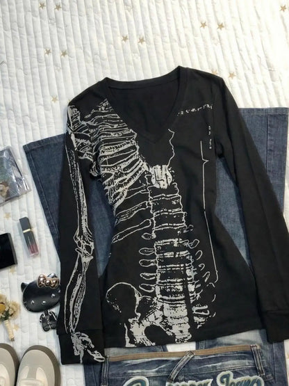 Spring American Retro Skull Printed Long Sleeve Tshirts Women V Neck Slim Fit Waist Base Tops Punk Dark Y2k Gothic Fashion Tees