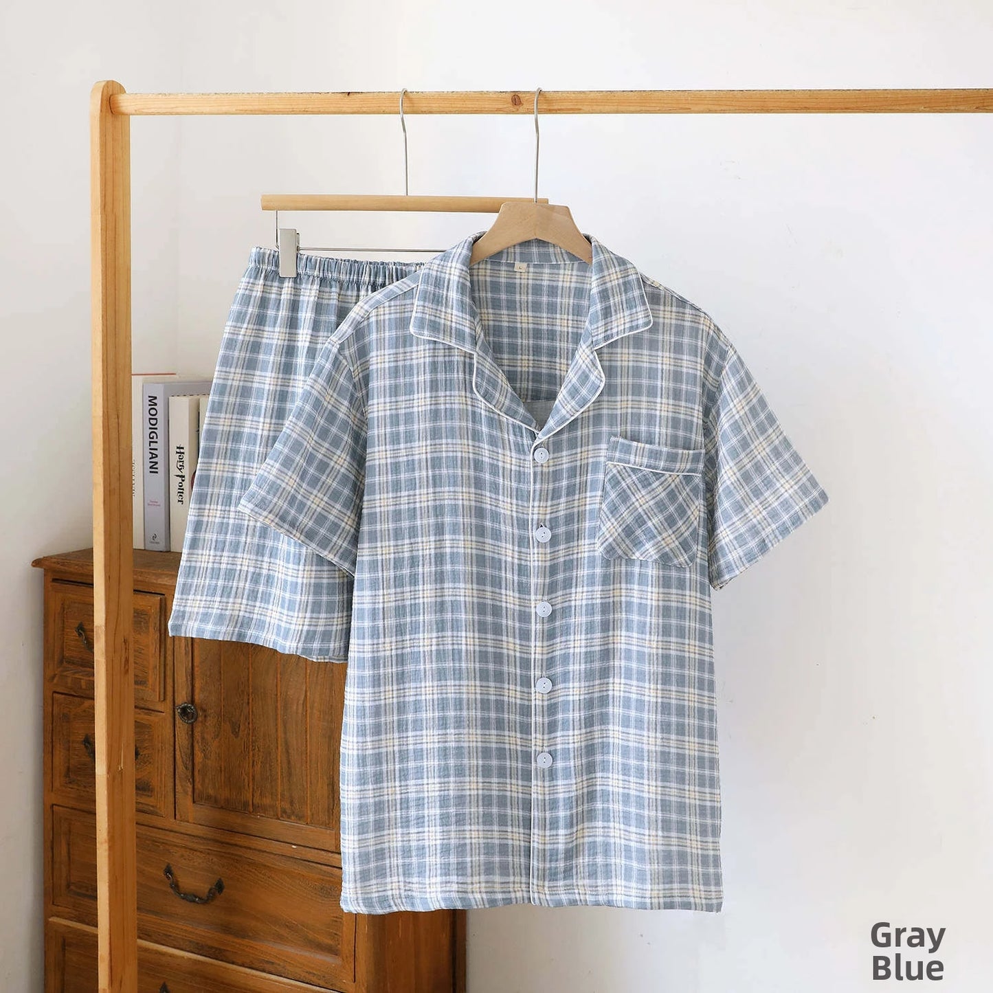 Men's 2-Piece Pajama Set - Plaid Sleepwear, Cotton Gauze Short Sleeve & Shorts, Lightweight & Breathable Relaxed Fit, S