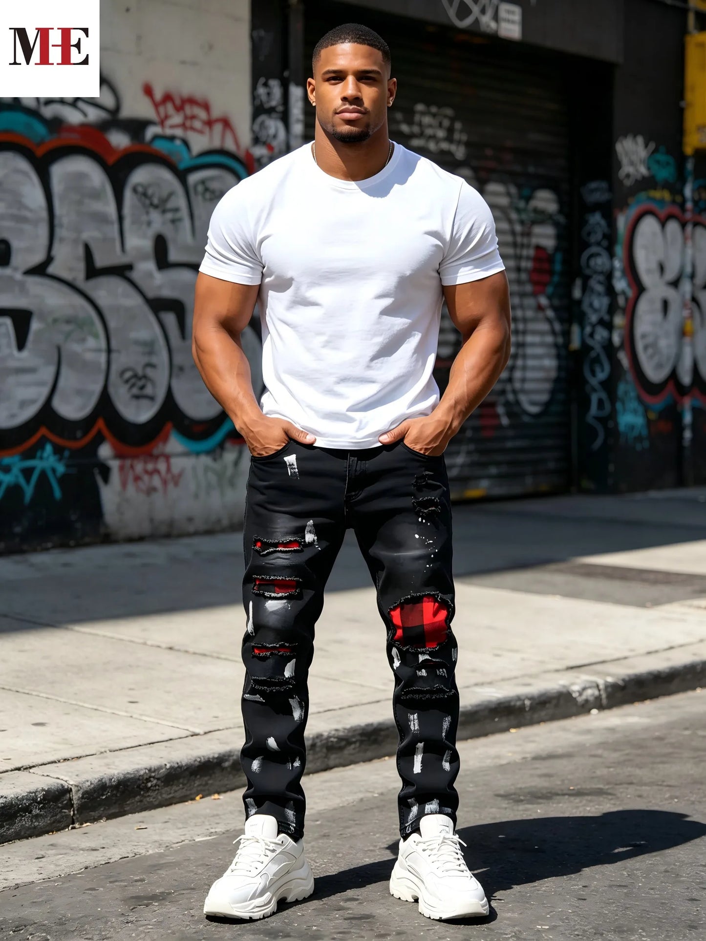 HME Men's Black Gray Denim Pants, Plaid Patch Paint Splatter Slim Skinny Jeans for Streetwear