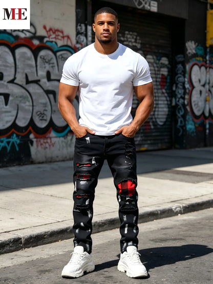 HME Men's Black Gray Denim Pants, Plaid Patch Paint Splatter Slim Skinny Jeans for Streetwear