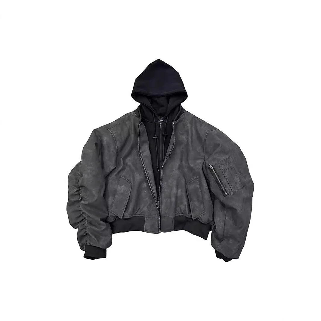 Unisex Jacket 2026 New Faux Leather Bomber Jacket Layered 2 In 1 Hooded Pilot Style Padded Winter Coat