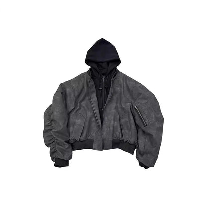Unisex Jacket 2026 New Faux Leather Bomber Jacket Layered 2 In 1 Hooded Pilot Style Padded Winter Coat