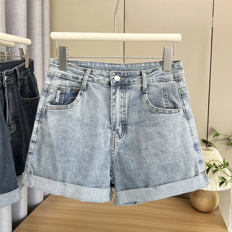 Summer New Plus Size Jeans Women's Wear 100KG Casual high-waisted rolled-up Denim Shorts Hot Pants 6318