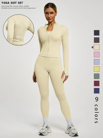 Fitfemme 2Pcs Women's Spring Yoga Sport Suit High Waist Legging Jacket Lifting Running Pants Outdoor Set