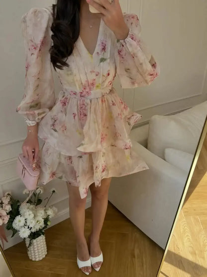 Elegant Printed Mini Dresses Women Chic Waist-cinching V-neck Puff Long Sleeve Aline Dress Fashion New Holiday Robes Summer 2026