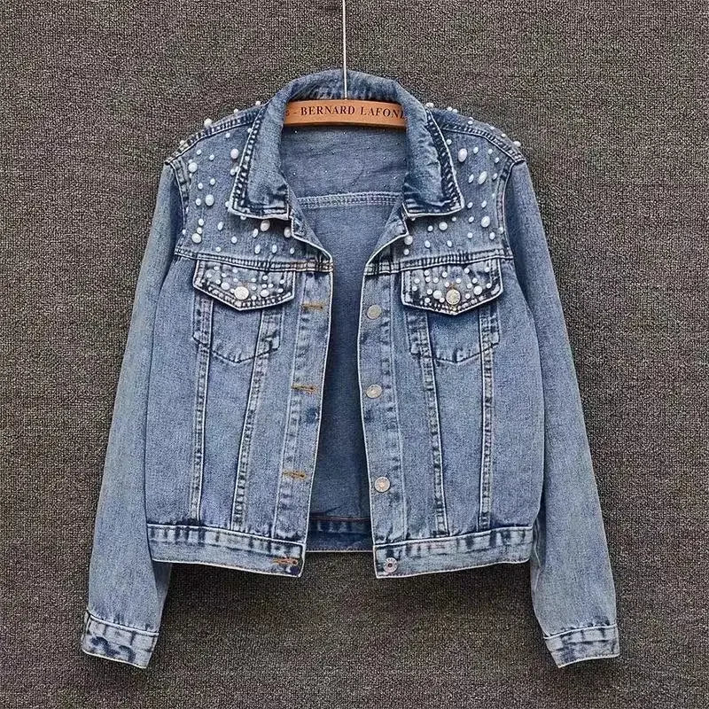 Blue Black Denim Jacket Woman Denim Coat Turn Down Collar Single Breasted Beaded Pearl Loose Casual Regular Short Jacket