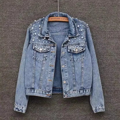 Blue Black Denim Jacket Woman Denim Coat Turn Down Collar Single Breasted Beaded Pearl Loose Casual Regular Short Jacket
