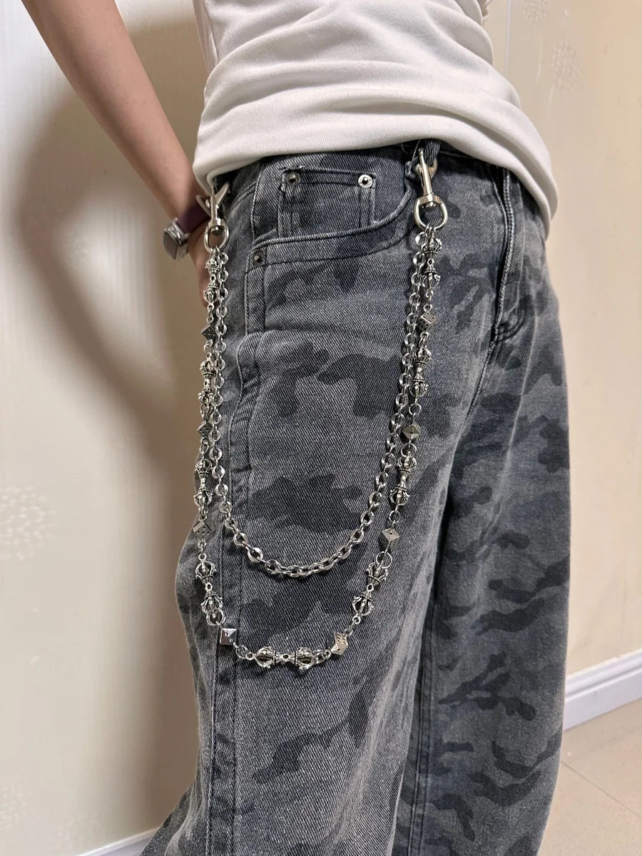 Original DIY Vajra Dice Double-Layer Silvery Chain Pants Fashionable Men And Women Luxury Accessories Y2K Style Punk Hip-Hop