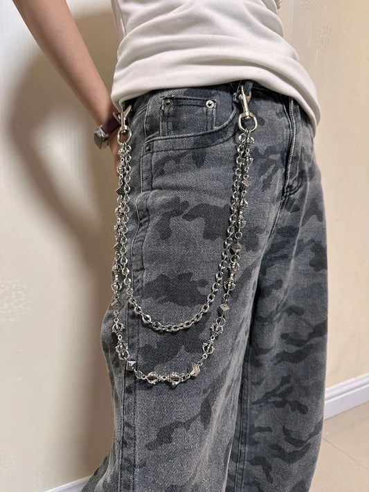 Original DIY Vajra Dice Double-Layer Silvery Chain Pants Fashionable Men And Women Luxury Accessories Y2K Style Punk Hip-Hop