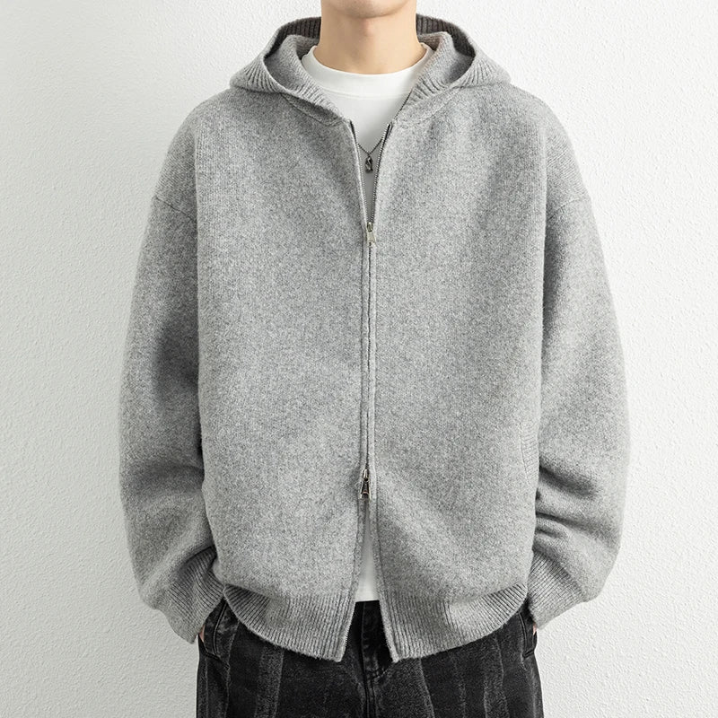 Legible Autumn Winter Casual Sweaters Men Solid Color Hooded Sweatercoats Male Loose Zip-up Knitted Cardigan Man