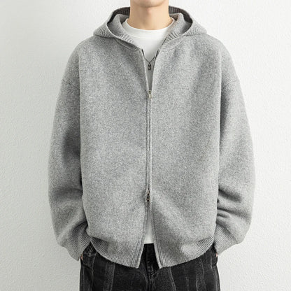 Legible Autumn Winter Casual Sweaters Men Solid Color Hooded Sweatercoats Male Loose Zip-up Knitted Cardigan Man