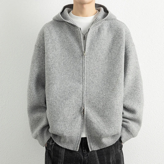 Legible Autumn Winter Casual Sweaters Men Solid Color Hooded Sweatercoats Male Loose Zip-up Knitted Cardigan Man