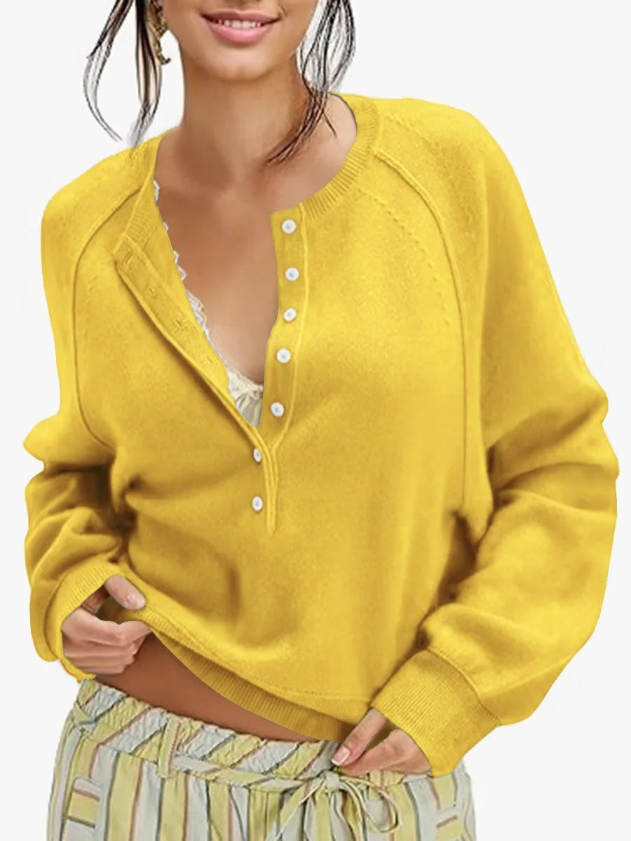 Women's Long-Sleeve Knitted Sweater, Half-Button Design, Henley Collar, Casual Style, lightweight Material, Solid Color Pullover Knitwear.