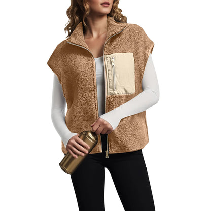 Women's Fleece Vests Sleeveless Jackets Casual Warm Cardigan Sweatshirts With Front Zipper Pockets Stand Collar Simple Outerwear
