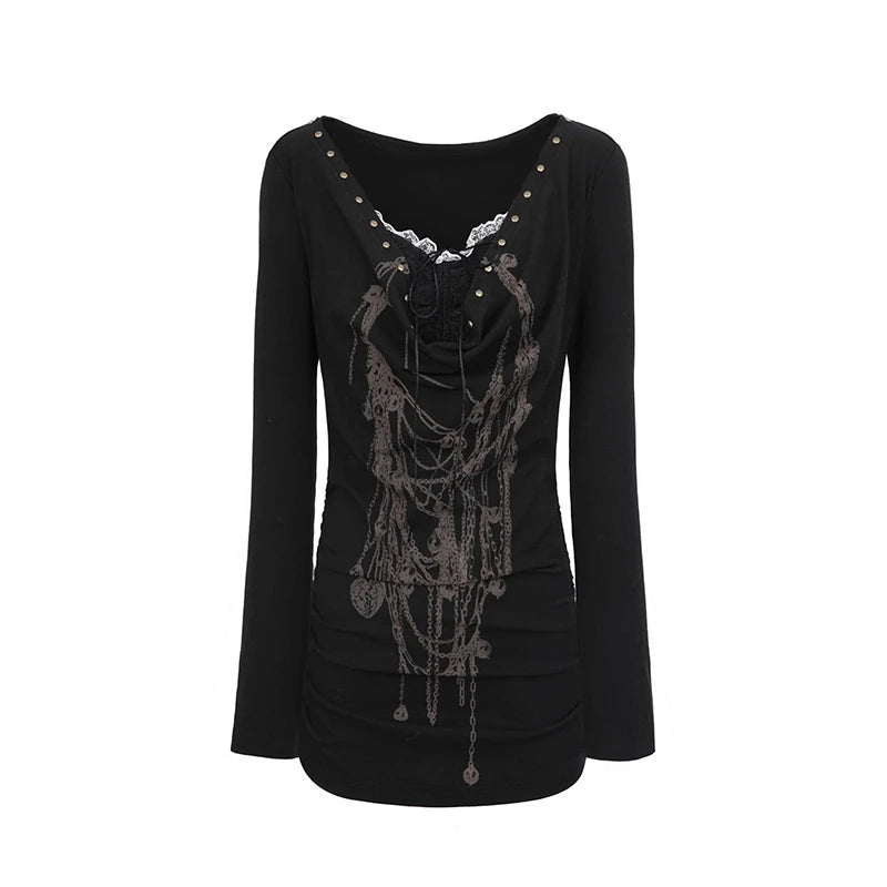 Karrram Grunge Aesthetics Tattoo Print T-shirt Japanese Y2k Fake Two-piece Tops Trashy 2000s Style Streetwear Black Gothic Punk