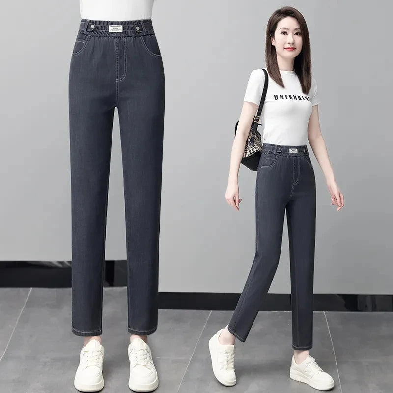 Ice Silk Jeans Women Summer Thin Blue Denim Trousers New Elastic High Waist Straight Extend Pantalons Female Ankle-Length Pants