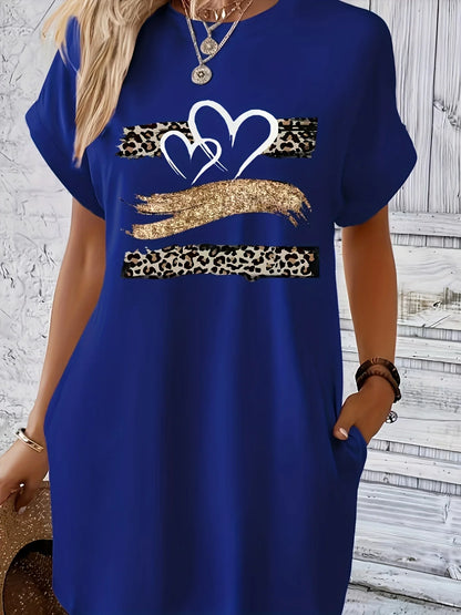 Women'S Casual Knit TShirt Dress with Heart  Print Crew Neck Short Sleeve Fashionable Top Black with Colorful Flag Design