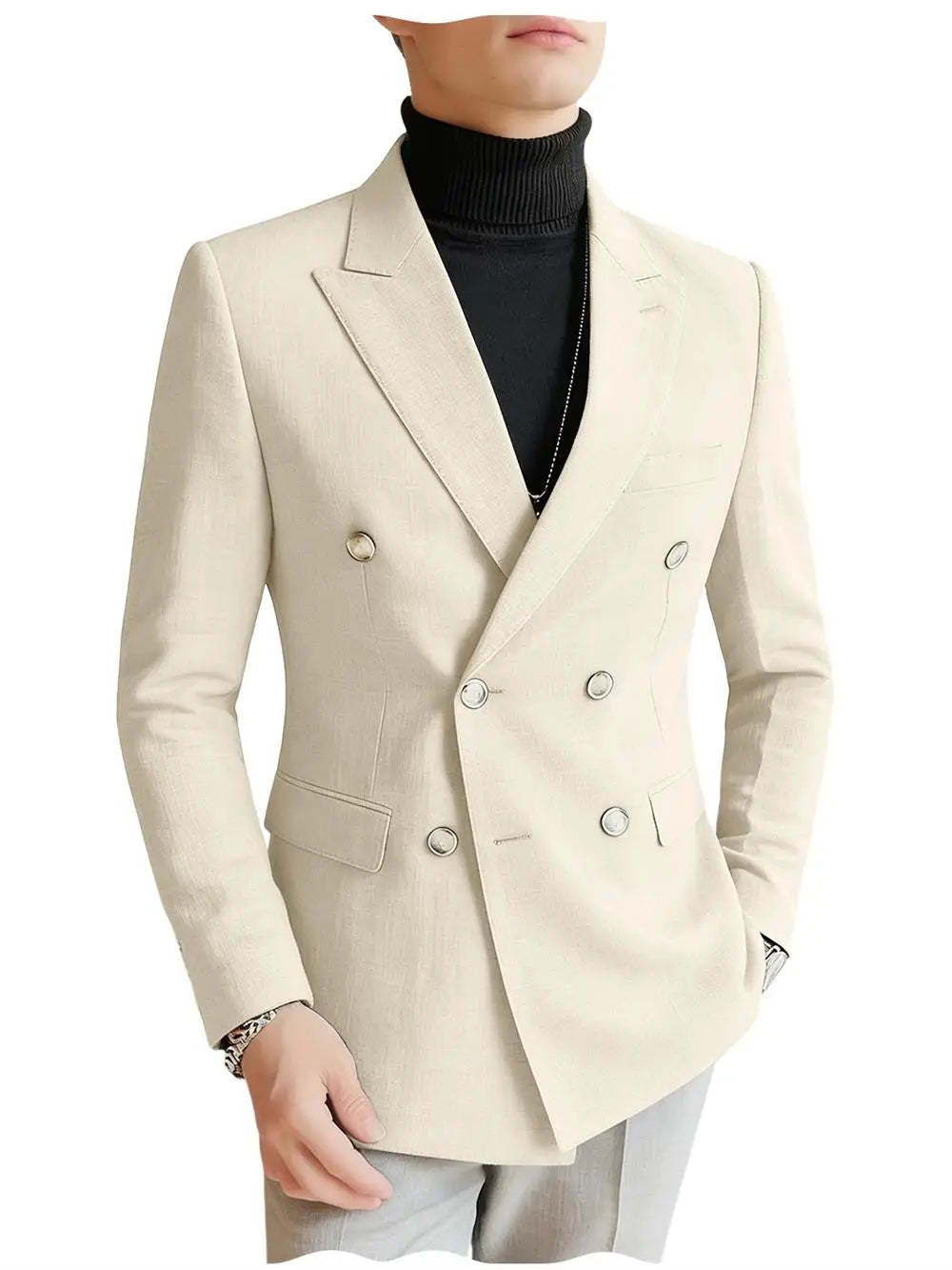 Men's Linen Blazer Double Breasted Slim Fit Breathable Suit Jacket Business Casual Gentlemen Coat Formal Wedding Party Dress