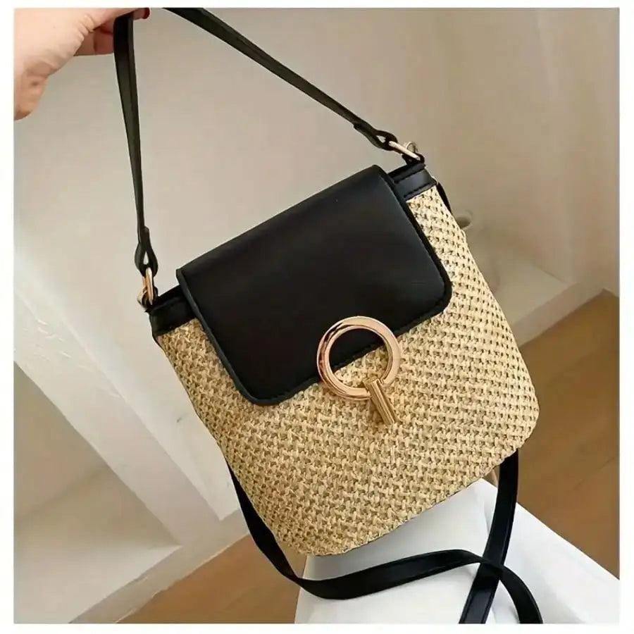 Woven Beach Crossbody Bag, Multi-Functional Adjustable Shoulder Strap, Golden Lock