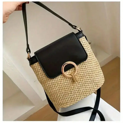 Woven Beach Crossbody Bag, Multi-Functional Adjustable Shoulder Strap, Golden Lock