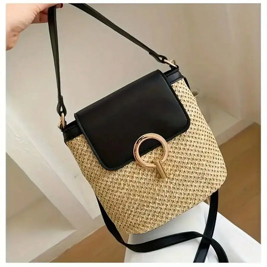 Woven Beach Crossbody Bag, Multi-Functional Adjustable Shoulder Strap, Golden Lock