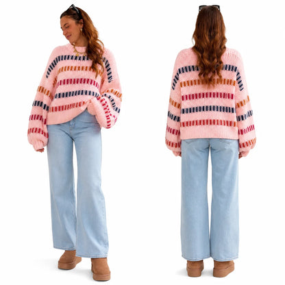 Vibrant Color Block Stripe Chunky Knit Sweater for Women, Oversized Crew Neck Long Balloon Sleeve Loose Pullover Jumper,