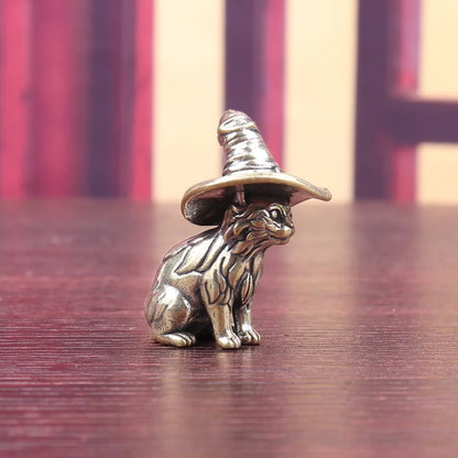 Handmade Solid Brass Magic Witch Cat Ornament Retro Wizard Hat Kitty Statue Home Office Shelf Mini Decor Halloween Gift For Cat Fans