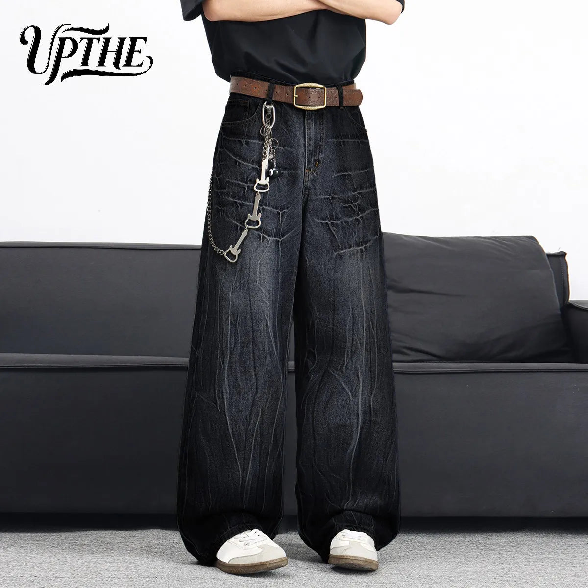 UP.THE Men Black Gradient Cracked Wash Baggy Wide Leg Jeans, Y2K Oversized Loose Distressed Denim Pants, Grunge Streetwear Trousers for Daily Outfits