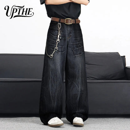 UP.THE Men Black Gradient Cracked Wash Baggy Wide Leg Jeans, Y2K Oversized Loose Distressed Denim Pants, Grunge Streetwear Trousers for Daily Outfits