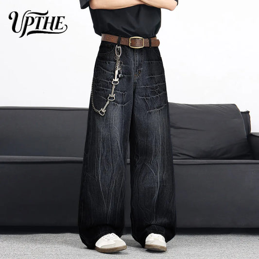 UP.THE Men Black Gradient Cracked Wash Baggy Wide Leg Jeans, Y2K Oversized Loose Distressed Denim Pants, Grunge Streetwear Trousers for Daily Outfits