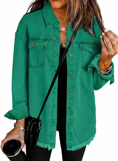Autumn Winter New Women's Outerwear Denim Shirt Jacket Washed Finish Distressed Hem Single Row Buttons Pockets Street Fashion