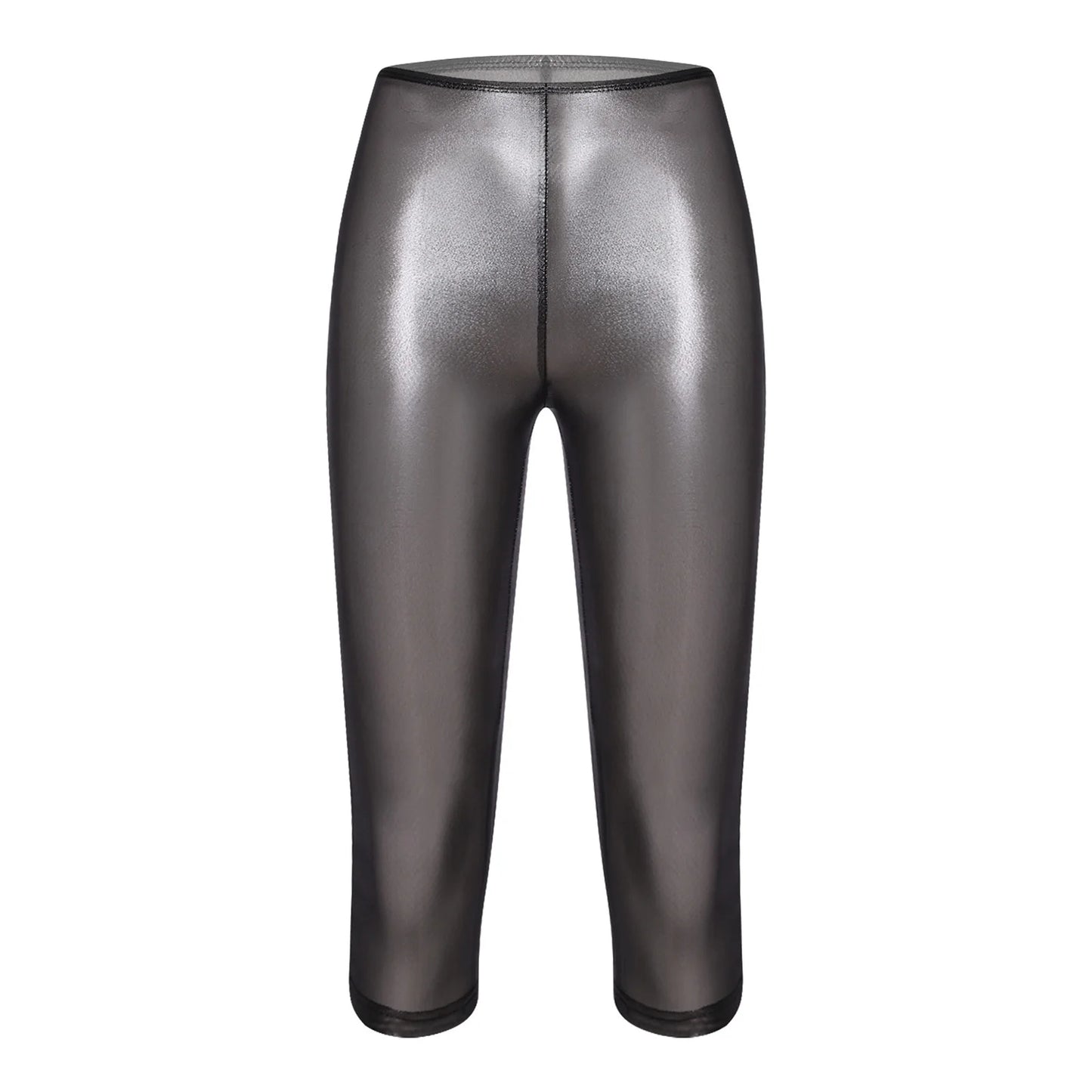 Womens Metallic Shiny Slim Fit Capri Pants Semi-transparent Capri Leggings Elastic High Waist Tights Shiny Cover-up Rave Pants