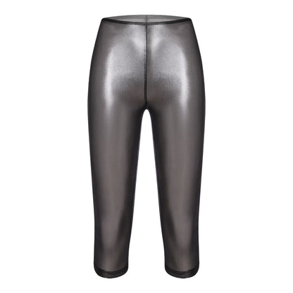 Womens Metallic Shiny Slim Fit Capri Pants Semi-transparent Capri Leggings Elastic High Waist Tights Shiny Cover-up Rave Pants
